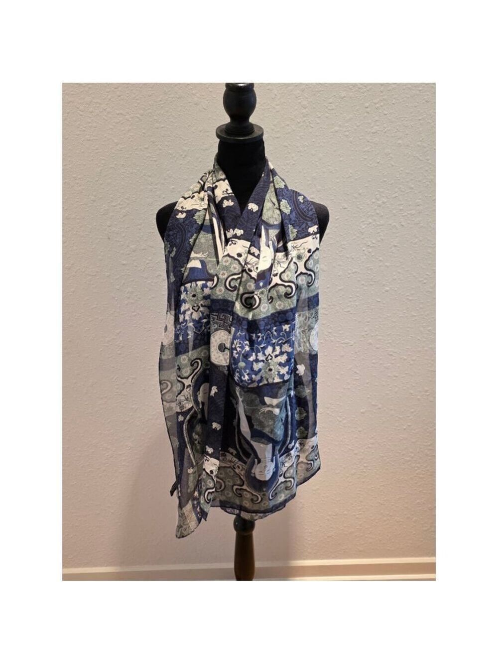Women's ZazouLuxe Blue Green Buddha Print 100% Silk Scarf One Size